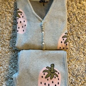 Gray Cardigan and cropped pants with Pink Strawberry Design